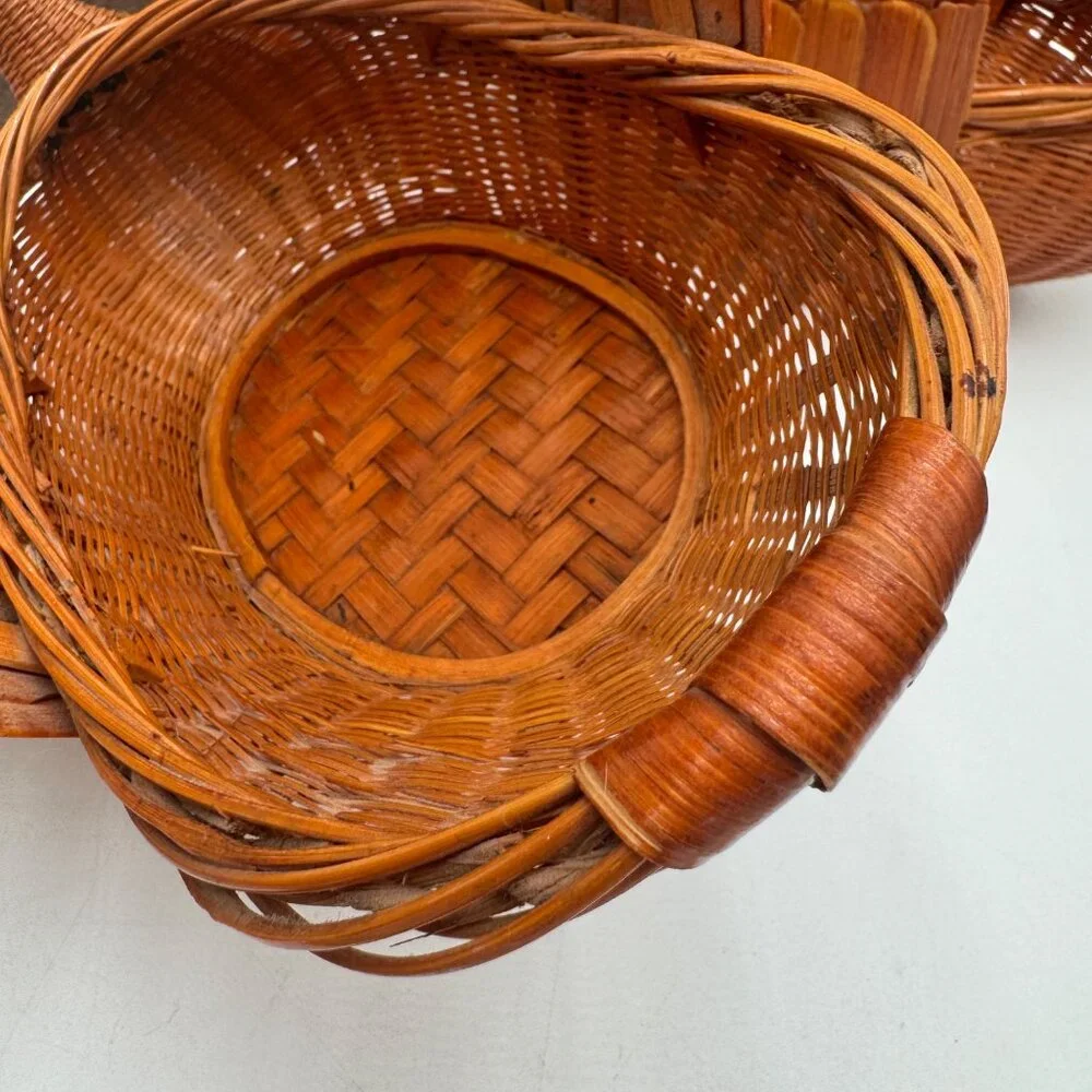 Goose or Swan Duck Nesting Baskets 1970s Mid Century Woven Wicker Rattan & Bambo